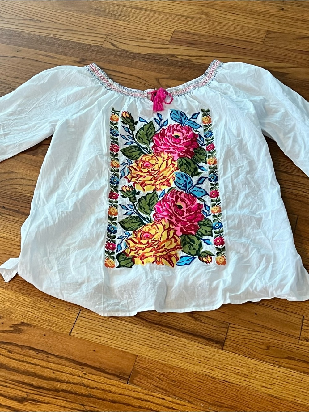 White Peasant Top with Pink & Yellow Floral Embroidery